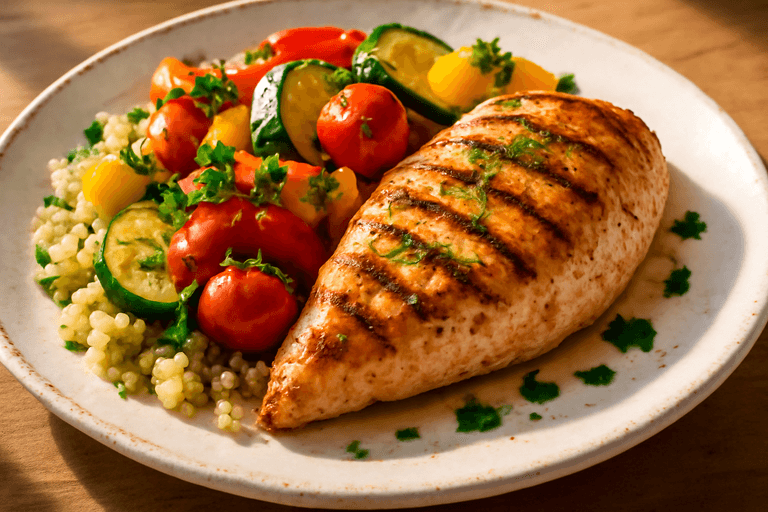 Куриное филе с овощами на гриле и киноа