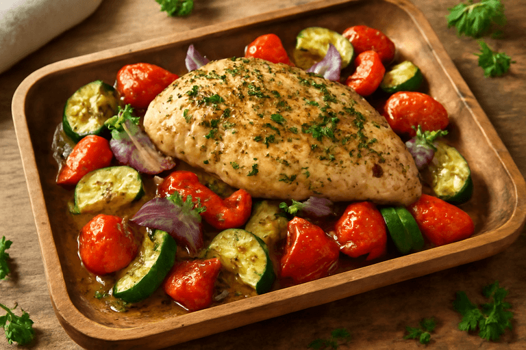 Pollo al horno con vegetales mediterráneos