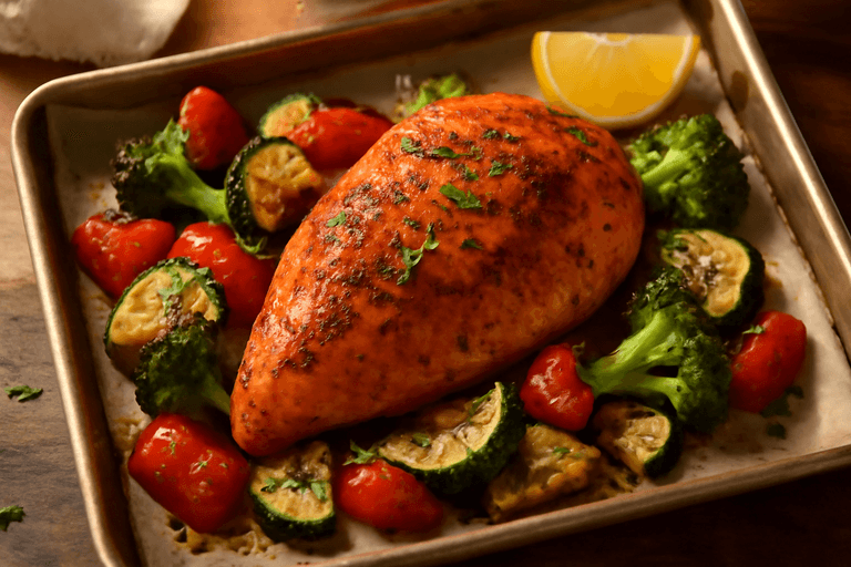 Запечённая куриная грудка с пряными овощами