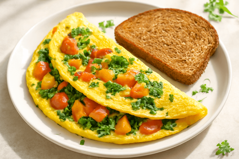 Завтрак-энергия: Омлет с овощами и тостом из цельнозернового хлеба