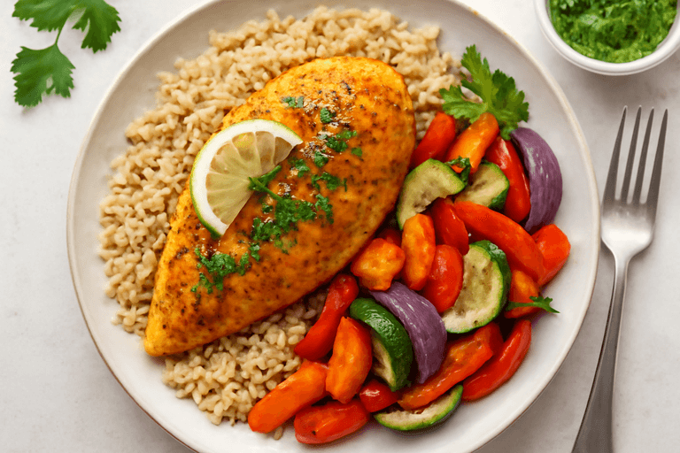 Ovnsbakt kyllingfilet med ovnsstekte grønnsaker og fullkornsris
