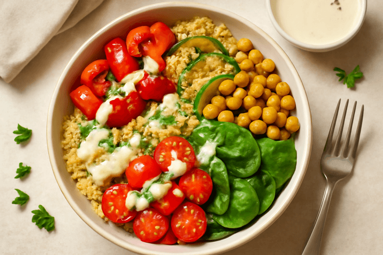 Proteinreicher Quinoa-Bowl mit geröstetem Gemüse und Tahini-Dressing