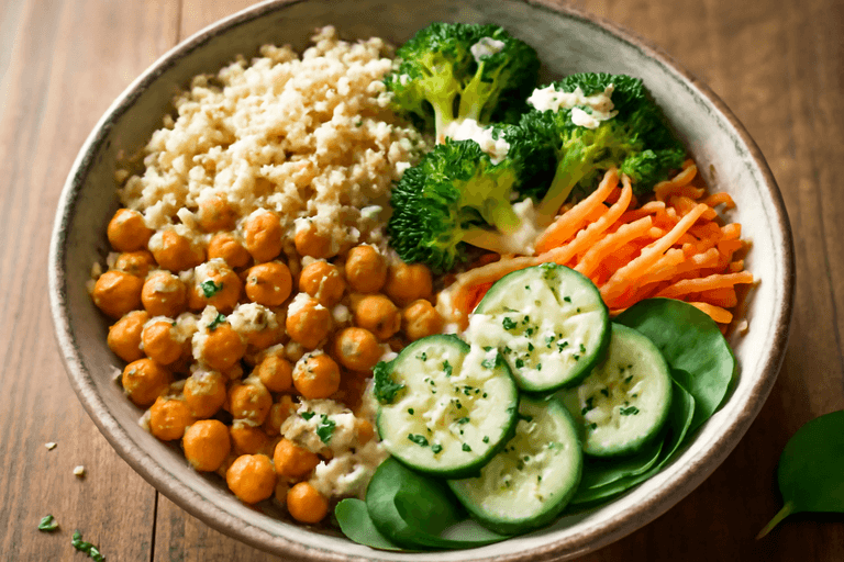 Veganer Quinoa-Gemüse-Bowl mit Zitronen-Tahini-Dressing