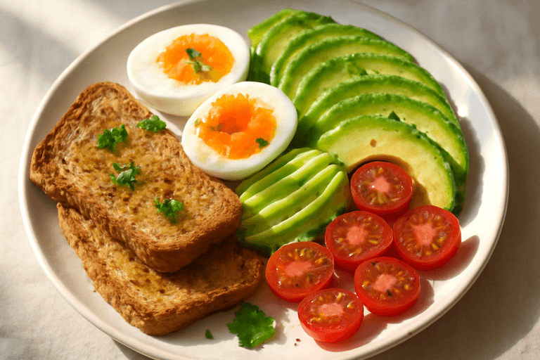 Mic dejun clasic cu ou, avocado și roșii