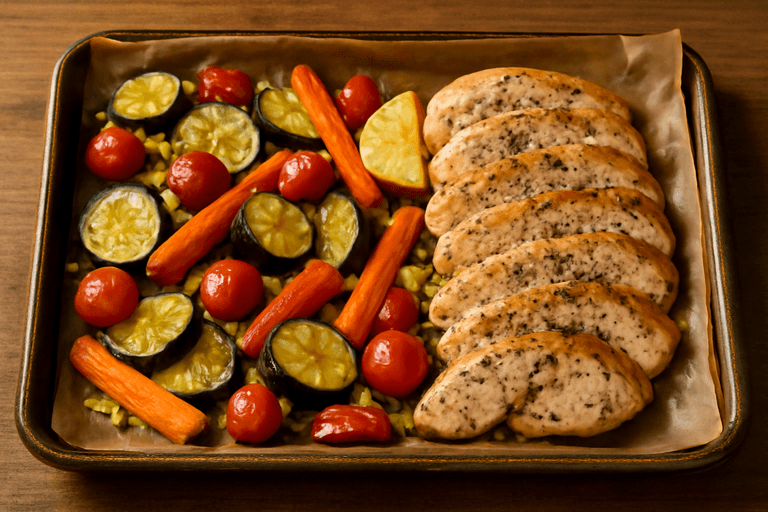 Piept de pui la cuptor cu legume mediteraneene