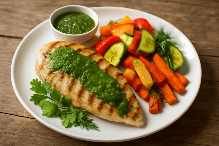 Куриная грудка с овощами на гриле и зелёным соусом