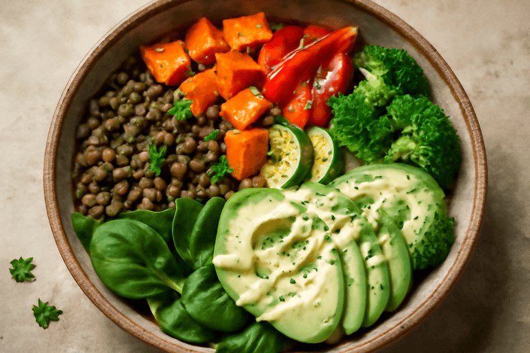 Veganer Linsen-Buddha-Bowl mit gebratenem Gemüse