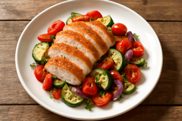Knusprige Hähnchenbrust mit mediterranem Gemüse