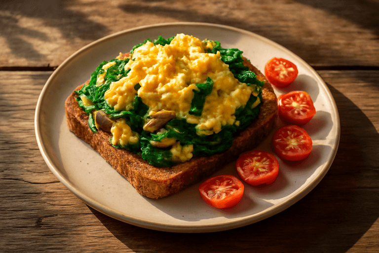 Proteinrik Eggerøre med Spinat og Fullkornsbrød