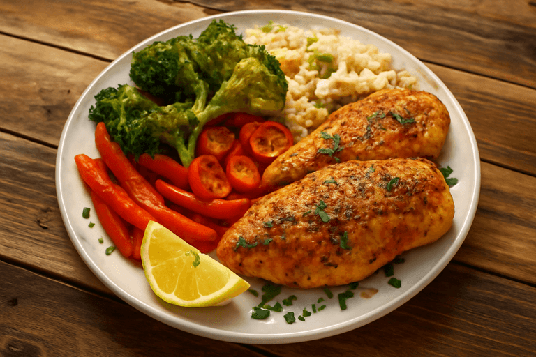 Saftige ovnsbakte kyllingfileter med grønnsaker og fullkornsris