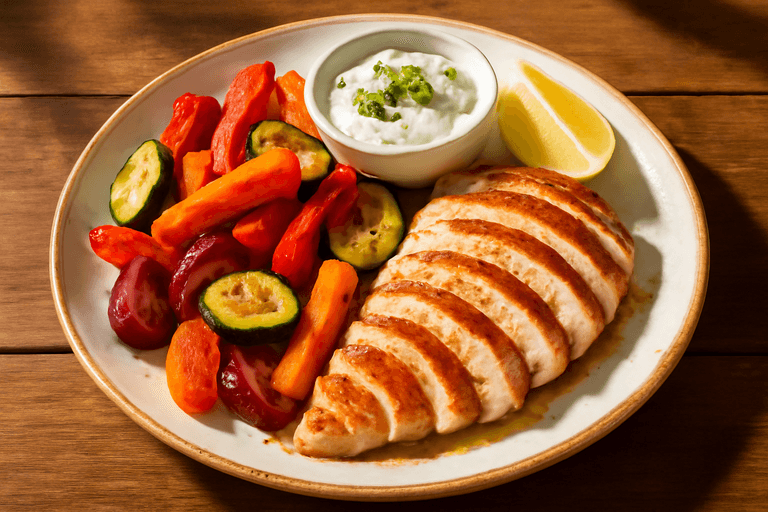 Gegrilde Kip Met Geroosterde Groenten & Lichte Yoghurtsaus