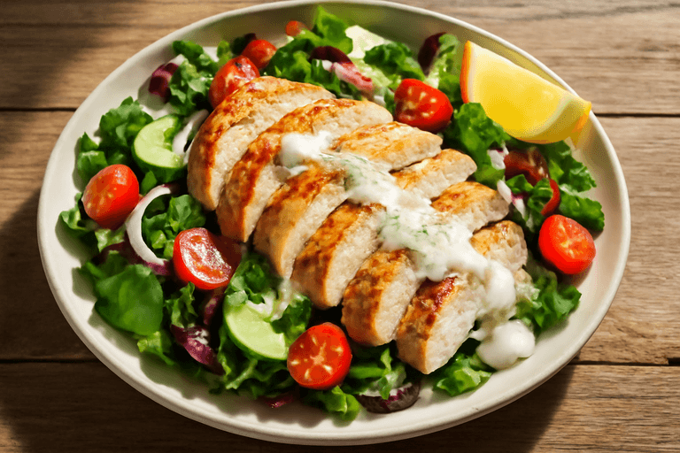 Piept de pui la grătar cu salată crocantă și dressing de iaurt