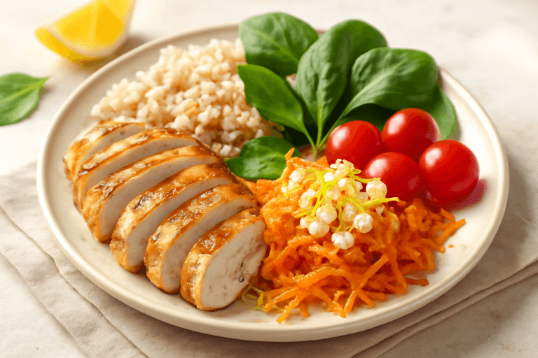 Pollo a la plancha con arroz integral y ensalada energética