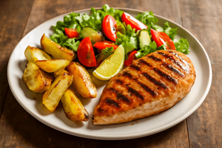 Pollo clásico a la plancha con papas asadas y ensalada fresca