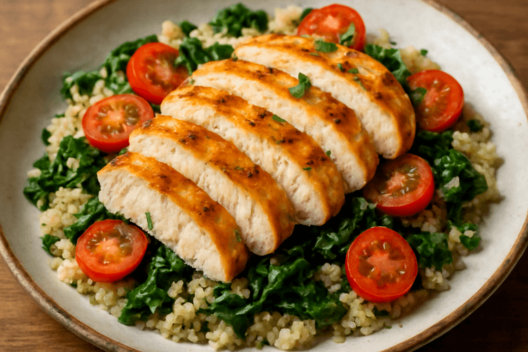 Frango Grelhado com Quinoa, Espinafre e Tomate Cereja