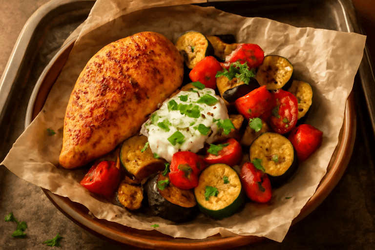 Куриное филе с запечёнными овощами и греческим йогуртом