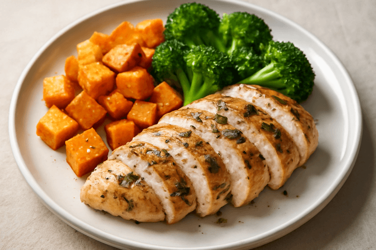 Grilled Herb Chicken with Roasted Sweet Potatoes and Steamed Broccoli