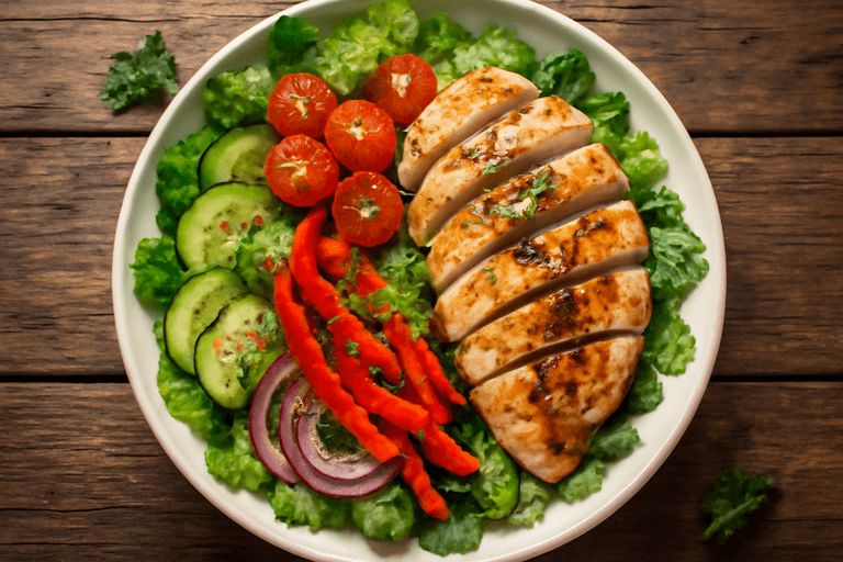 Salade de poulet grillé aux légumes croquants et vinaigrette légère