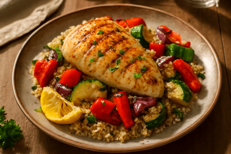 Kipfilet met geroosterde groenten en volkoren couscous