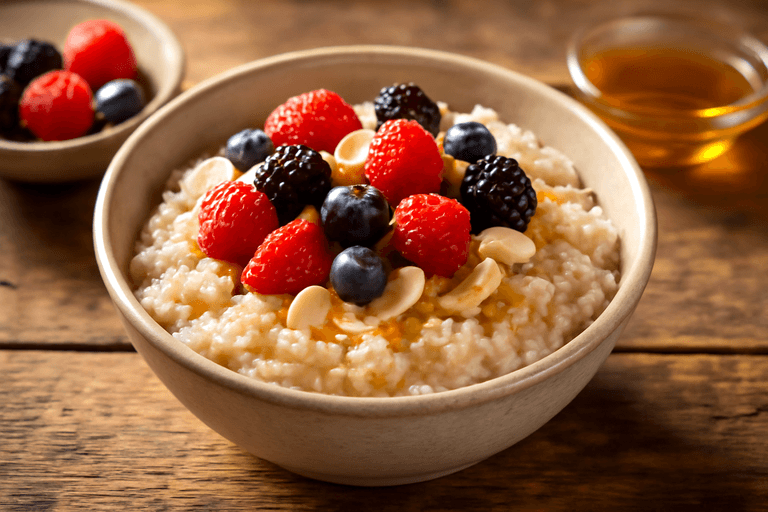 Proteinrik Havregrøt med Bær og Mandelflak