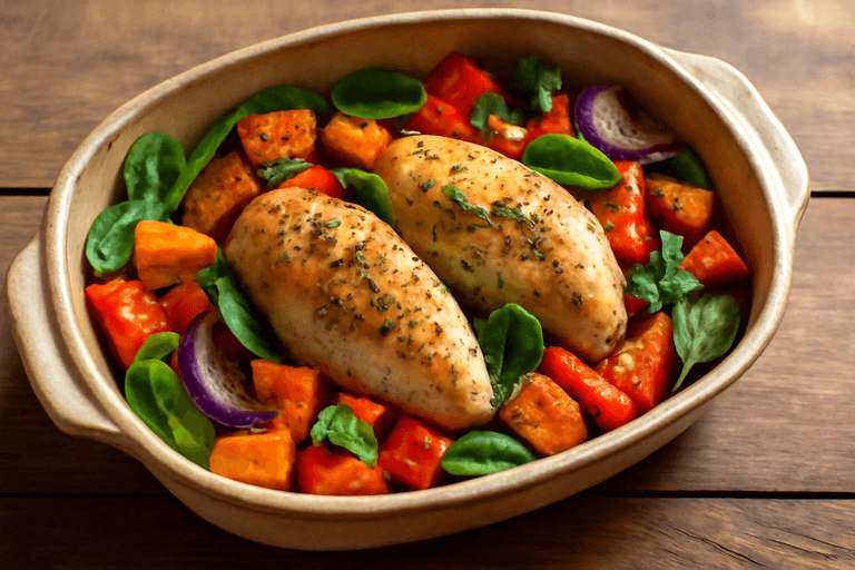 Saftig ovnsbakt kyllingfilet med grønnsaker og urter