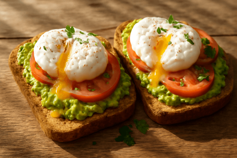 Tostadas integrales con aguacate, huevo pochado y tomate