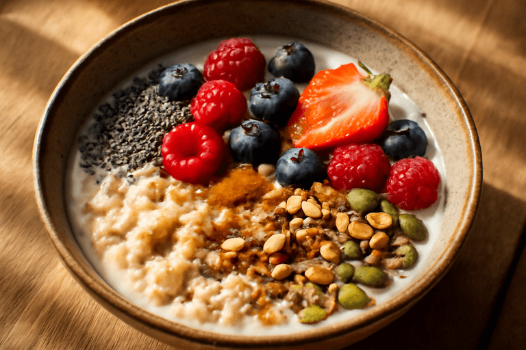 Power-Frühstücks-Bowl mit Beeren, Hafer und Mandeln