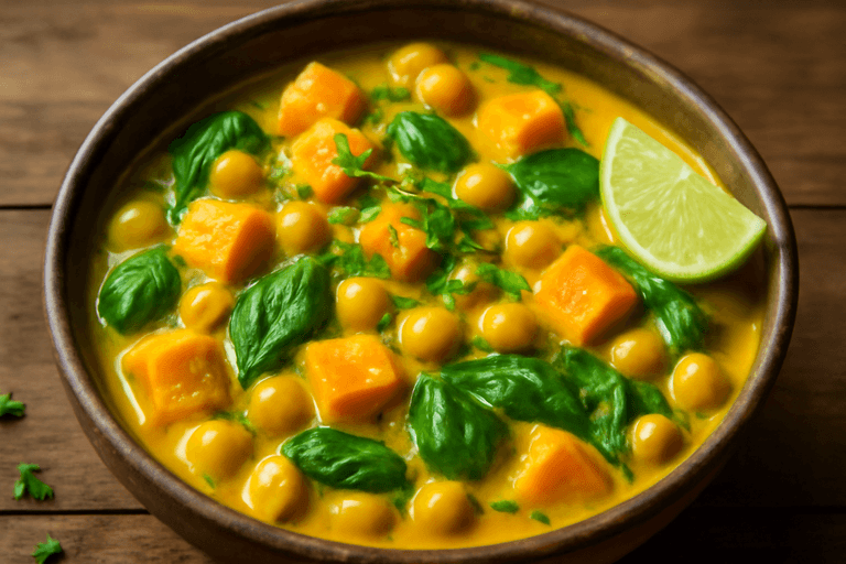 Cremiges Kichererbsen-Curry mit Süßkartoffel & Spinat