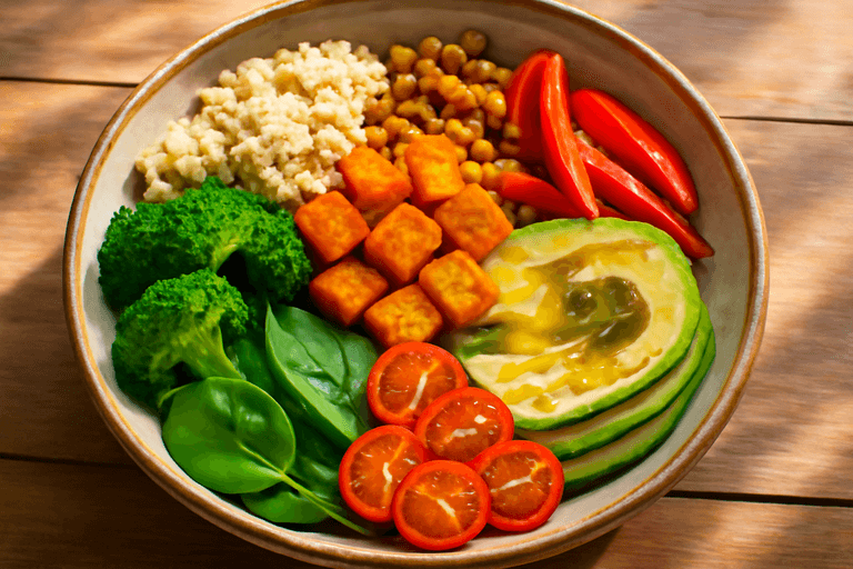 Vegane Buddha-Bowl mit Linsen, Quinoa und geröstetem Gemüse