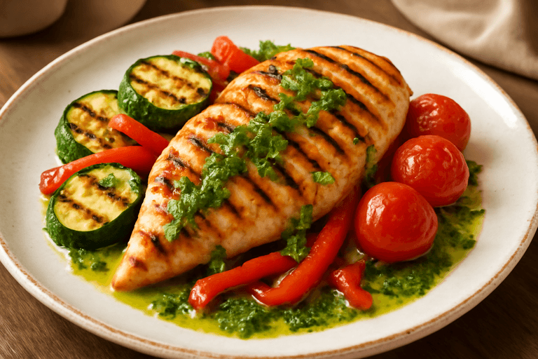 Куриное филе с овощами на гриле и травяным соусом