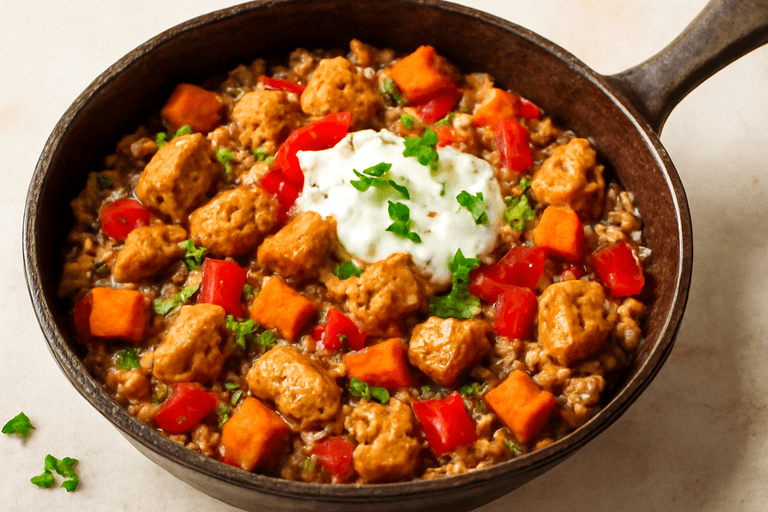 Herzhaftes Hähnchen-Süßkartoffel-Pfannengericht