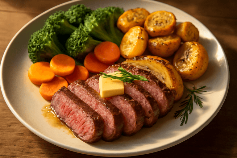 Herzhaftes Rindersteak mit Ofenkartoffeln und buntem Gemüse