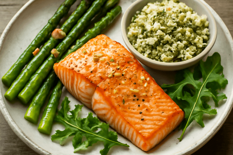 Ugnsbakad lax med citron, quinoa och grön sparris