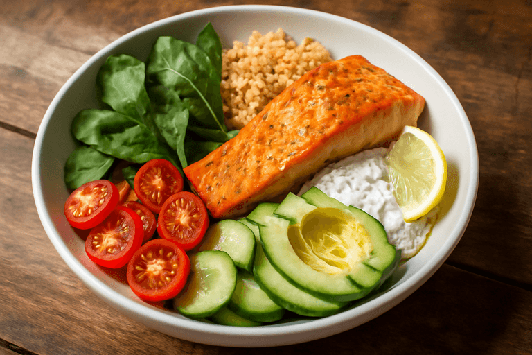 Laxbowl med quinoa, avokado och citronyoghurt