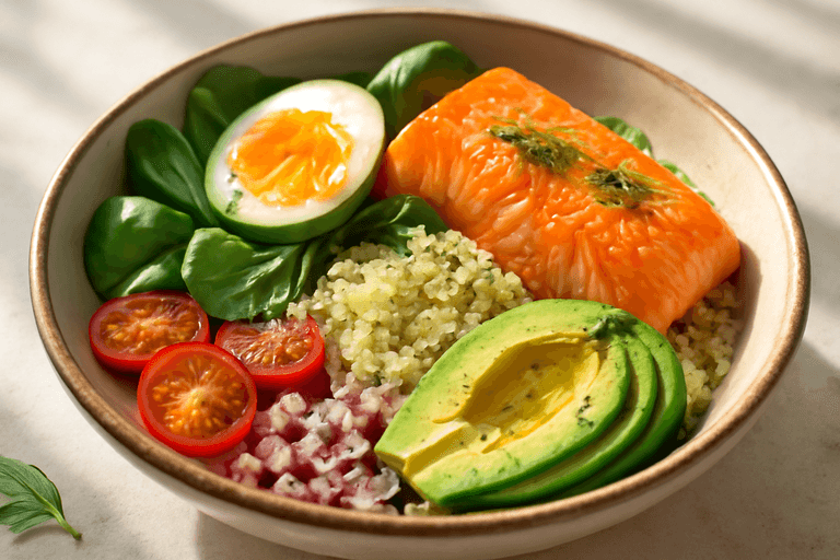 Energihöjande Pescatarian Frukostbowl med Rostad Lax & Quinoa