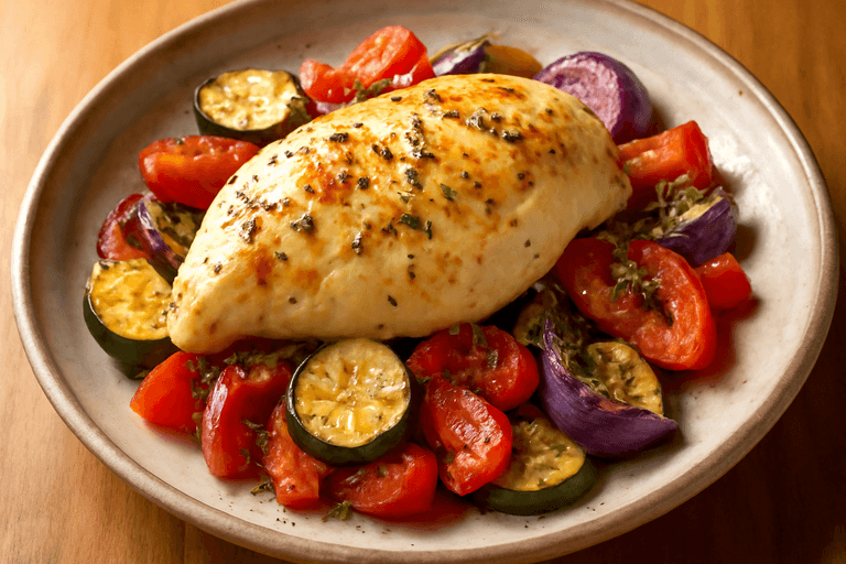 Pechuga de pollo al horno con verduras mediterráneas