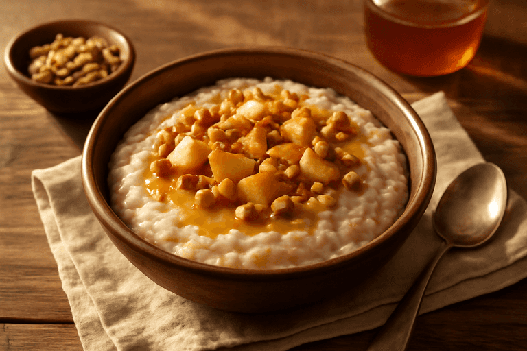 Классическая овсяная каша с яблоком и орехами