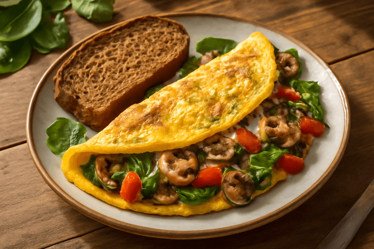 Omelette riche aux légumes et pain complet
