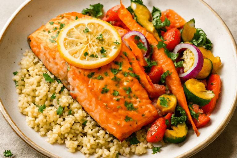 Lax med rostade grönsaker och quinoa