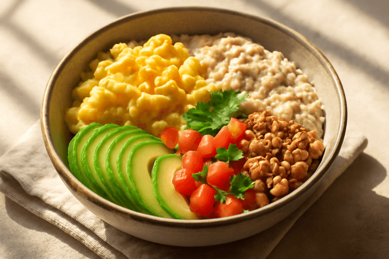 Power-Frühstücks-Bowl mit Rührei, Hafer und Avocado