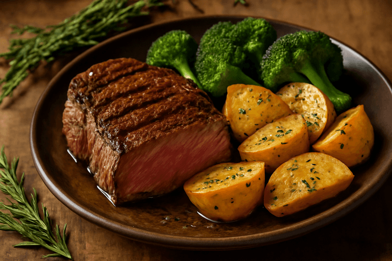 Saftiges Rindersteak mit Ofenkartoffeln und Brokkoli