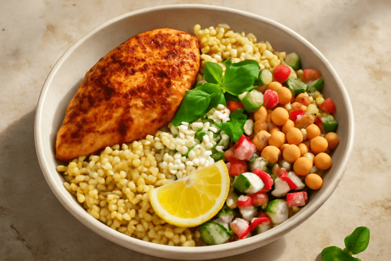 Proteinreicher klassischer Hühnchen-Bulgur-Bowl