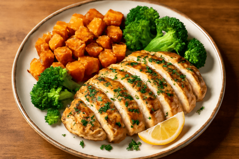 Grilled Herb-Marinated Chicken with Roasted Sweet Potatoes & Steamed Broccoli