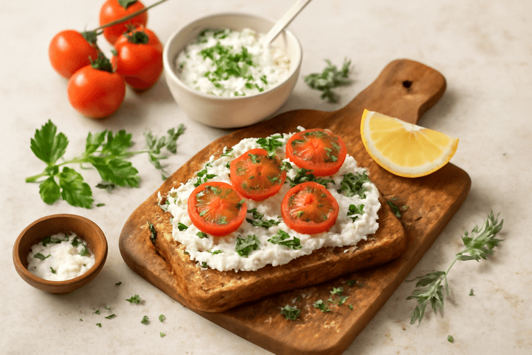 Frischer Kräuter-Quark mit Vollkornbrot und Tomaten