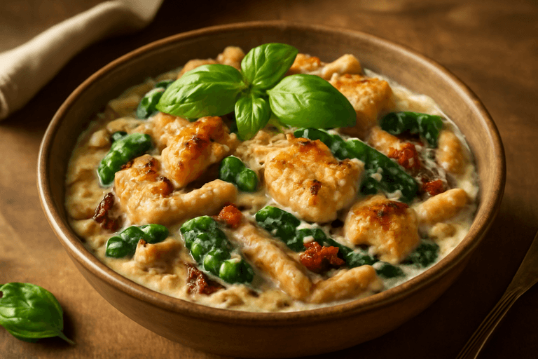 Krämig kycklingpasta med spenat och soltorkade tomater