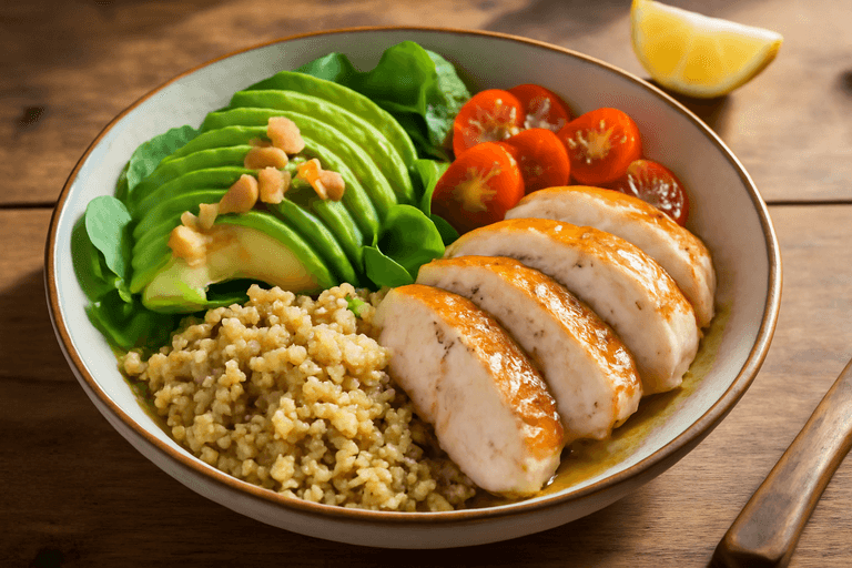 Proteinrik Kyckling- & Quinoaskål med Avokado och Rostade Mandelspån