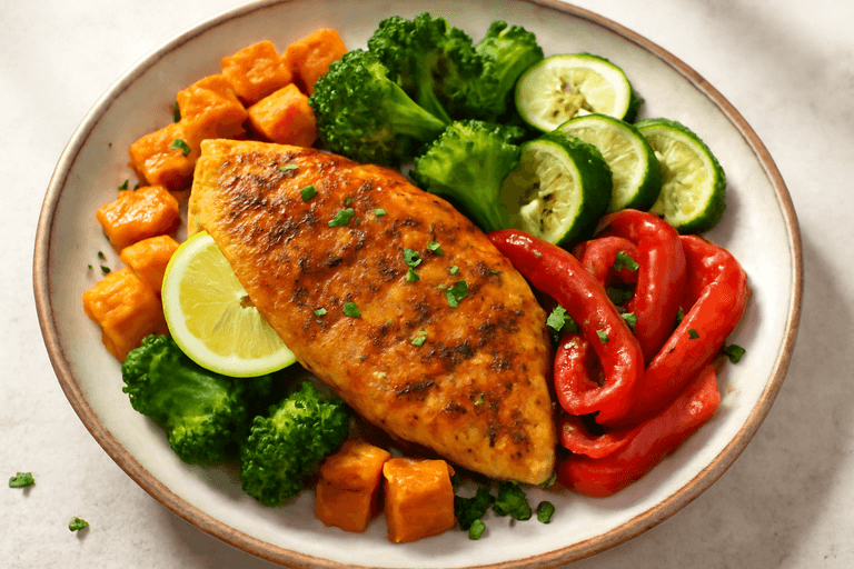 Kleurrijke gegrilde kip met geroosterde groenten