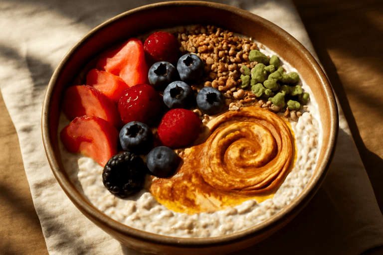 Veganer Frühstücks-Protein-Bowl mit Beeren und Chiasamen