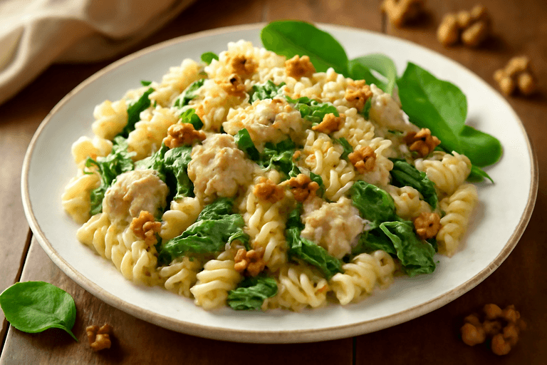 Krämig kycklingpasta med spenat och valnötter