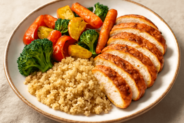 Lett kyllingfilet med ovnsbakte grønnsaker og quinoa